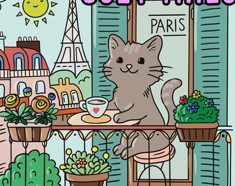 Cute Cat Coloring Images, Cozy Times Fun Scenes of Cat and Friends, Printable Instant Digital Download PDF, For All Ages, Bold Easy Relaxing