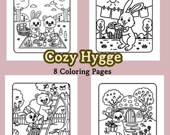 Cozy Hygge Bold and Easy Coloring Pages, Cute Friends, Cozy Places, Scenes Printable Instant Digital Download PDF For Adults and Kids