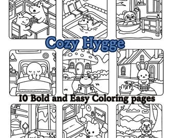 Cozy Hygge Bold and Easy Coloring Pages, Cute Friends, Cozy Places, Scenes Printable Instant Digital Download PDF For Adults and Kids