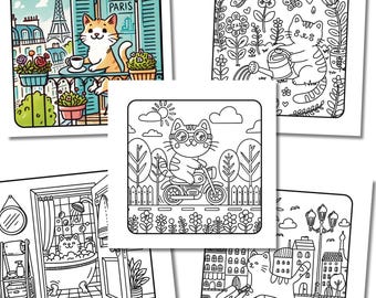 Cute Cat Coloring Pages, Cozy Times Fun Scenes of Cat and Friends, Printable Instant Digital Download PDF, For All Ages, Bold Easy Relaxing