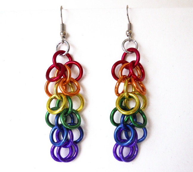 Gay Pride earrings, Rainbow earrings, Chainmaille, Shaggy loops weave