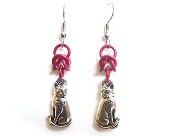 Red cat earrings, Chainmaille earrings, Silver cat jewelry