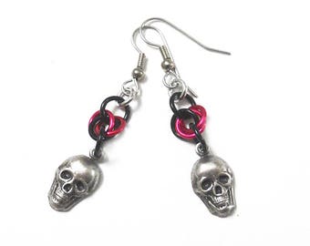 Pink skull earrings, Gothic skull jewelry, Pink and black chainmaille skull earrings