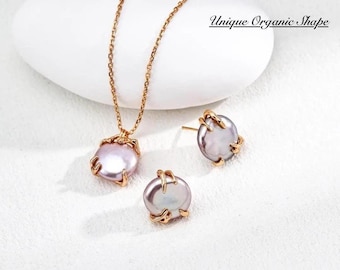 Freshwater Pearl Necklace and Earrings Set | Baroque Pearl Jewelry | Minimal Gold Handmade Gift