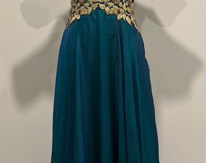 Teal Embroidered Georgette Tiered Gown Dress