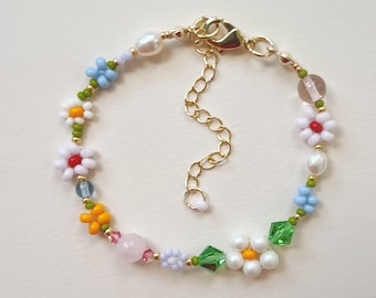 Colorful Seed Bead Flower Gold-Filled Bracelet with Pearls Crystals and Gems | Handcrafted Daisy Chain Adjustable Jewelry Gift for Her