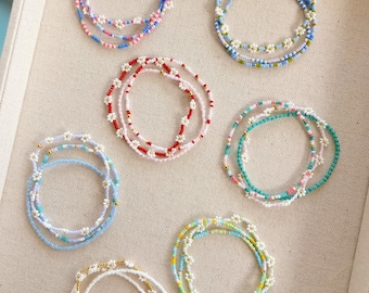 Beaded Daisy Chain Stretch Bracelet Set, Seed Bead Elastic Stack in Summer Colors