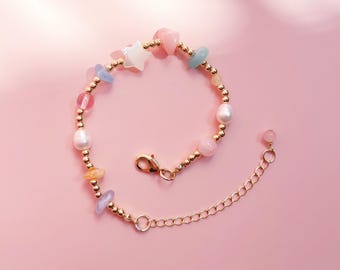 14k Gold-Filled Beads and Gemstone Star Bracelet | Pearl Pink Quartz Yellow Jade Czech Glass Beads | Handcrafted Colorful Celestial Gift