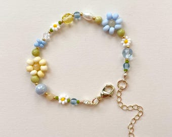 Beaded Floral Gold-Filled Bracelet with Pearls Crystals and Gems | Blue and Yellow Handcrafted Daisy Chain Adjustable Seed Bead Jewelry Gift