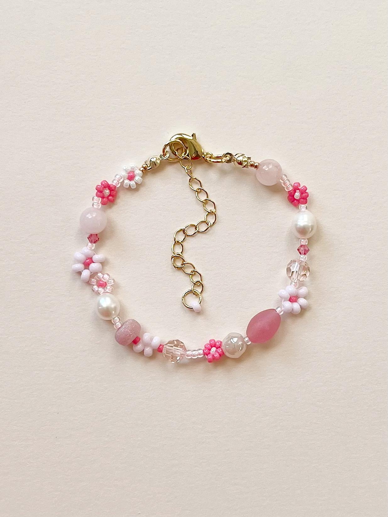 Pink Seed Bead Floral Gold-Filled Bracelet with Pearls Crystals and Pink Quartz Gems | Handcrafted Daisy Chain Adjustable Jewelry Gift