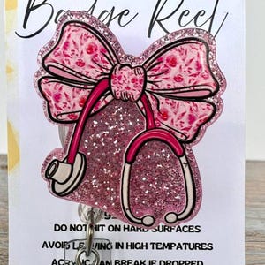 Pink Floral Stethoscope Bow Badge Reel, Nurse Badge Reel, Cute Badge Holder, Coquette Ribbon Glitter  ID Holder, Coquette Bow Badge Reel