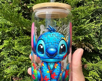 Lata de vidrio con temática de autismo de Blue Alien (Stitch) (paquete de 4)