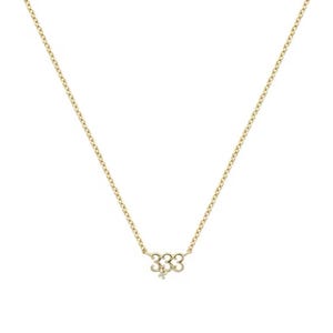 May include: A gold chain necklace with a pendant featuring the number 333 with a small diamond accent.