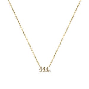 May include: A gold chain necklace with a pendant featuring the number 444 with a small diamond accent.
