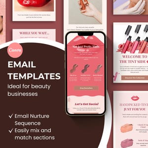 May include: A promotional image for beauty businesses featuring email templates. The design includes a smartphone displaying a beauty product advertisement, along with text that reads "Not Just Pretty Tints" and "Welcome to the Tint Side."