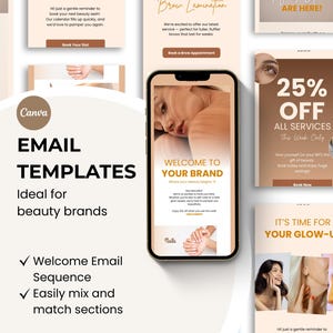 Peut inclure: Présentation de modèles d'e-mails pour les marques de beauté sur un écran de smartphone. Les modèles comprennent une séquence d'e-mails de bienvenue et des sections faciles à mélanger et à assortir. Des exemples de services de beauté sont également présentés.
