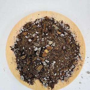 May include: A wooden plate filled with a mix of potting soil, bark, and perlite. The soil is dark brown with lighter-colored perlite and bark pieces scattered throughout. The plate is light brown and sits against a white background.