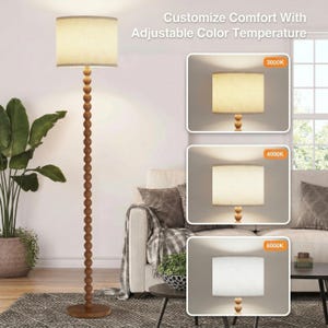 Solid Wood Beaded Floor Lamp with Linen Shade, Rustic Farmhouse Reading Light, Boho Standing Lamp for Living Room Bedroom Decor image 12