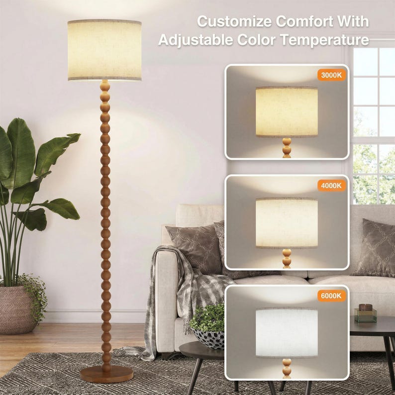 Solid Wood Beaded Floor Lamp with Linen Shade, Rustic Farmhouse Reading Light, Boho Standing Lamp for Living Room Bedroom Decor image 12