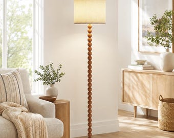 Solid Wood Beaded Floor Lamp with Linen Shade, Rustic Farmhouse Reading Light, Boho Standing Lamp for Living Room Bedroom Decor