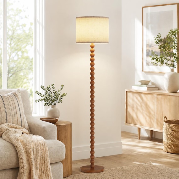Solid Wood Beaded Floor Lamp with Linen Shade, Rustic Farmhouse Reading Light, Boho Standing Lamp for Living Room Bedroom Decor