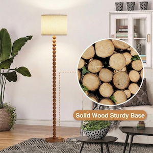 Solid Wood Beaded Floor Lamp with Linen Shade, Rustic Farmhouse Reading Light, Boho Standing Lamp for Living Room Bedroom Decor image 14