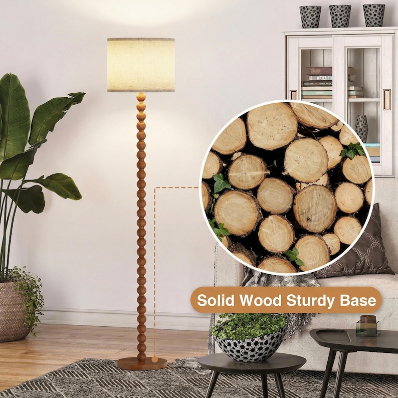 Solid Wood Beaded Floor Lamp with Linen Shade, Rustic Farmhouse Reading Light, Boho Standing Lamp for Living Room Bedroom Decor image 14