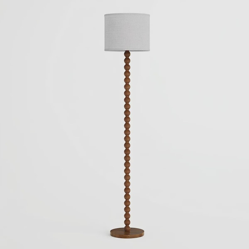Solid Wood Beaded Floor Lamp with Linen Shade, Rustic Farmhouse Reading Light, Boho Standing Lamp for Living Room Bedroom Decor image 6