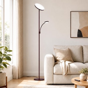 May include: A dark brown metal floor lamp featuring a tall, slender pole with a circular base. The lamp includes a large, flat, circular top light and a smaller, adjustable circular reading light on a flexible arm, both emitting white light.