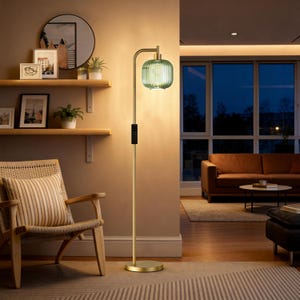 Ribbed Glass Shade Reading Floor Lamp with Remote Control, Cozy Bedroom Living Room Boho Lamp Home Decor
