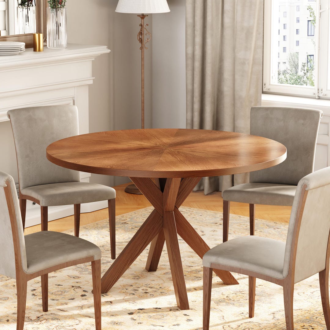 Solid Wood Round Dining Table for 6-seat, Walnut Finish - Dining Room ...