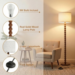 May include: A floor lamp with a solid wood pole featuring a stacked sphere design, a beige linen lampshade, and a black foot switch. The lamp includes a 9W bulb. The pole is made of real solid wood, and the light emits a warm glow.