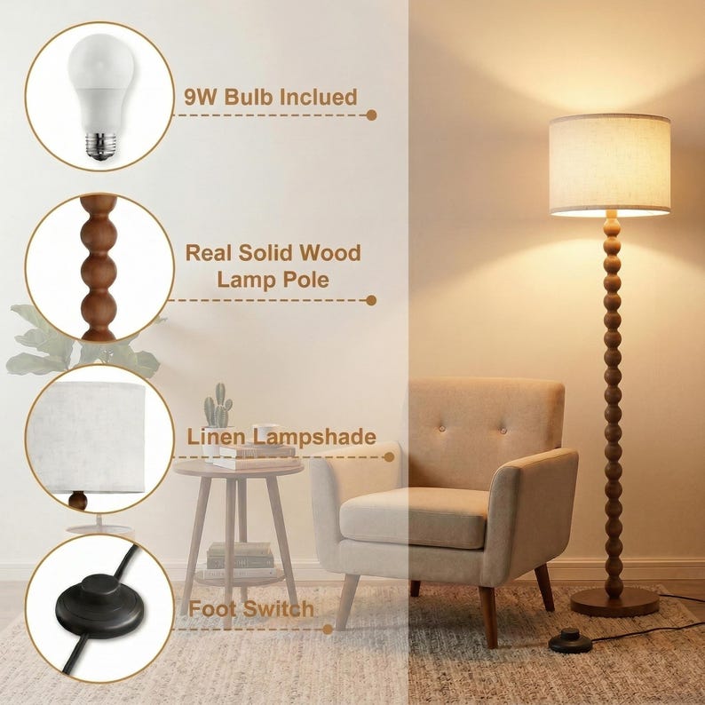 May include: A floor lamp with a solid wood pole featuring a stacked sphere design, a beige linen lampshade, and a black foot switch. The lamp includes a 9W bulb. The pole is made of real solid wood, and the light emits a warm glow.