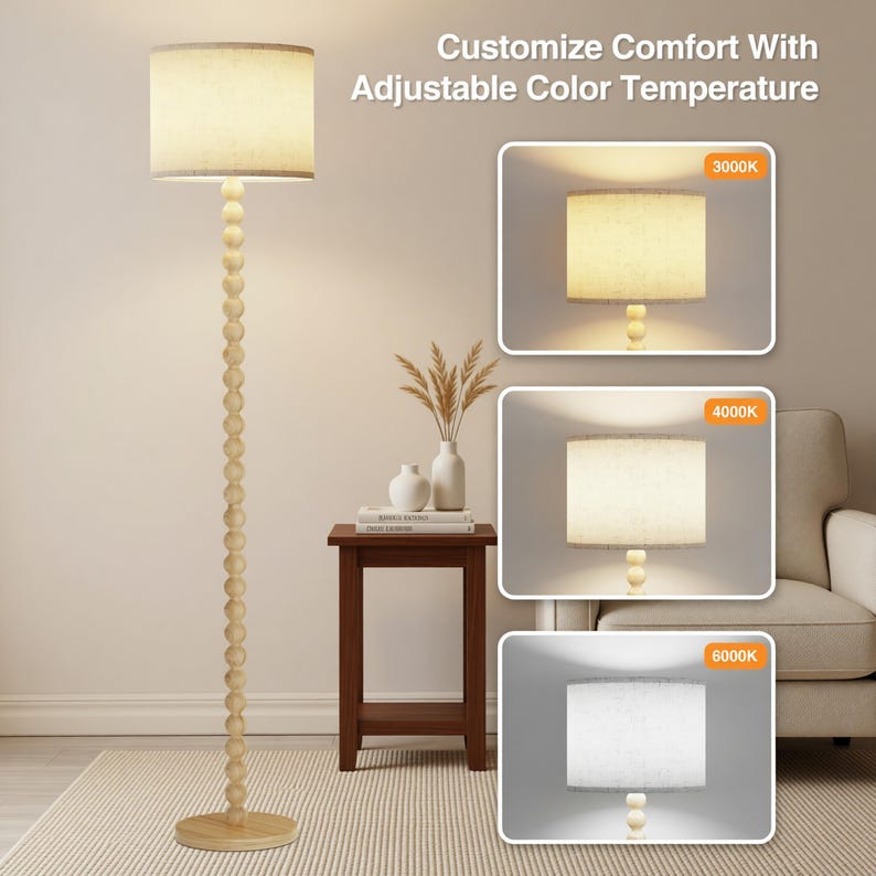 May include: A floor lamp with a cylindrical fabric shade and a tall, slender stand composed of stacked wooden spheres on a circular base. The text reads: Customize Comfort With Adjustable Color Temperature, showing 3000K, 4000K, and 6000K settings.