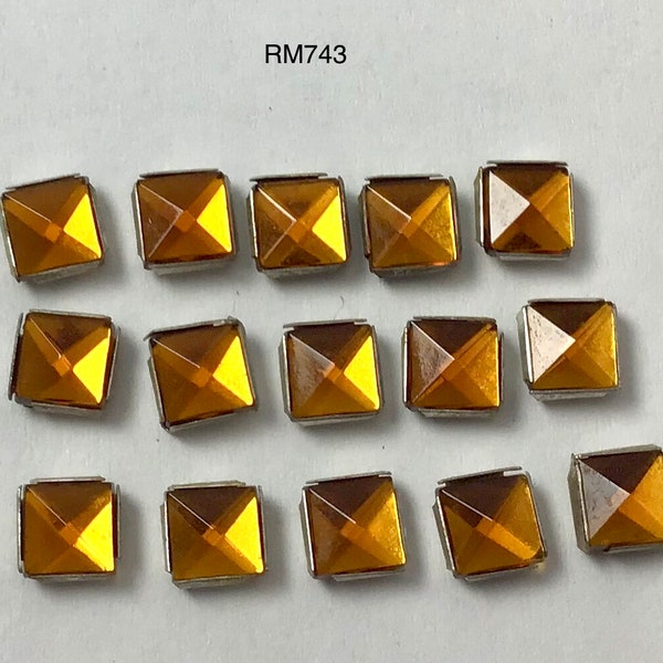 RARE-Vintage Rose Montee 6mm Square Sew Ons - Golden Orange/Silver Setting