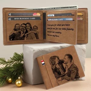 Billetera de cuero grabada personalizada: billetera corta personalizada con foto y texto para hombres: regalo único para el día del padre, cumpleaños, boda, el mejor regalo