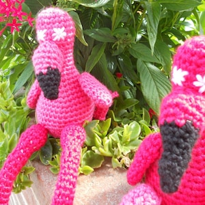 Könnte beinhalten: Zwei rosa gehäkelte Flamingo-Spielzeuge mit schwarzen Schnäbeln und weißen Blumenakzenten. Die Spielzeuge sitzen auf einem Bett aus grünen Pflanzen.