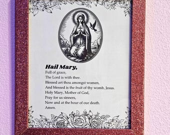 Pôster devocional católico para imprimir e baixar a oração da Ave Maria em casa.