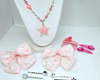 Conjunto de acessórios Rococo Elegance: colar de contas / laço de cabelo. Coleção EGL Fairy Kei.