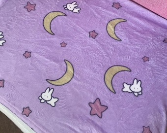 Pastel Kei Bunny Fleece Blanket: Moon and Stars Print (MADE TO ORDER)