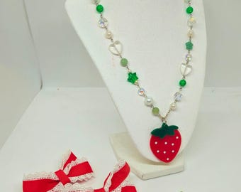 Conjunto de acessórios de morango: colar de contas / anel / laço de cabelo. Coleção EGL Fairy Key.