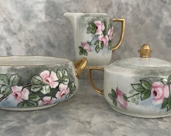 Antique Thomas Bavaria Porcelain Floral Creamer ,lidded Sugar Bowl ,Candy Dish
