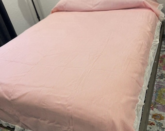 Sears Pink Pinstripe Twin Bedspread 74X 110 White Ruffle Perma Prest Vtg