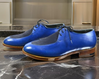 Bespoke Handmade Men's Blue  With Suede Upper Stylish Lace Up Oxford Shoes