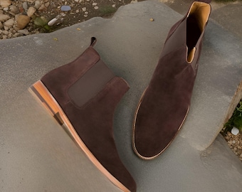 Bespoke Men Hand Crafted Brown Suede Chelsea Ankle High Casual Boots