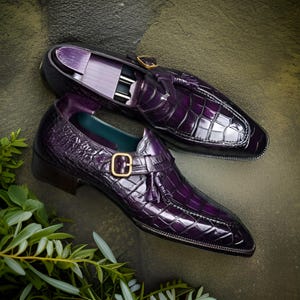 Handmade Men Stylish Purple Color Monk Strap Crocodile Leather Formal Shoes