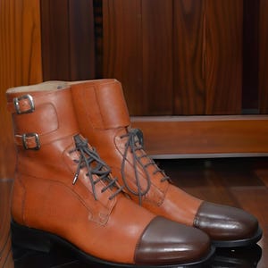 Handmade Bespoke Men&#39;s Tan Color Genuine Leather Brown Cap Toe Lace Up With Double Straps Boots