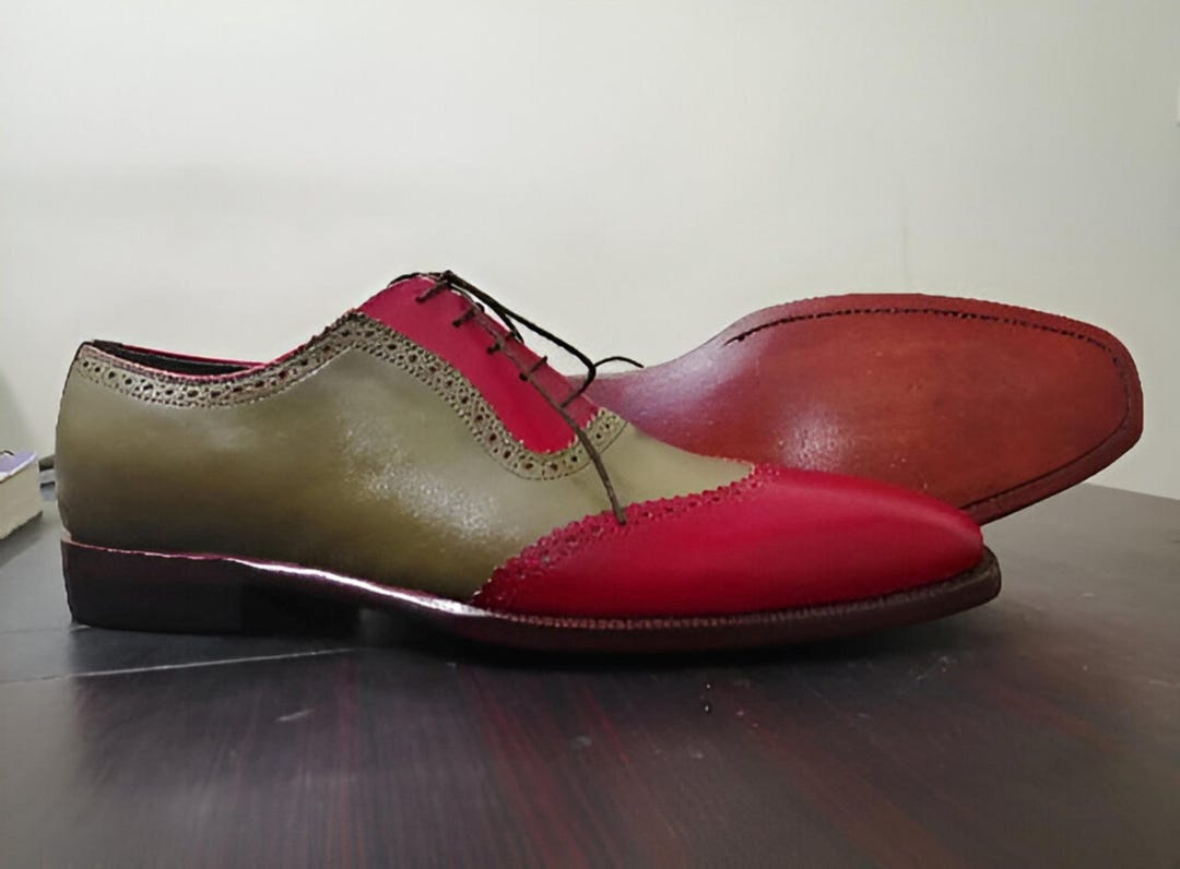 Bespoke Handmade Double Tone Red & Olive Green Color Wing Tip Lace Up Oxford Shoes