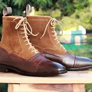 Handmade Bespoke Men&#39;s Brown Color Genuine Leather Upper Suede Cap Toe Lace Up Boots
