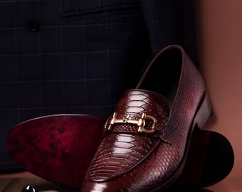 Handmade Bespoke Men's Burgundy Stylish Python Leather Handmade Loafer Shoes